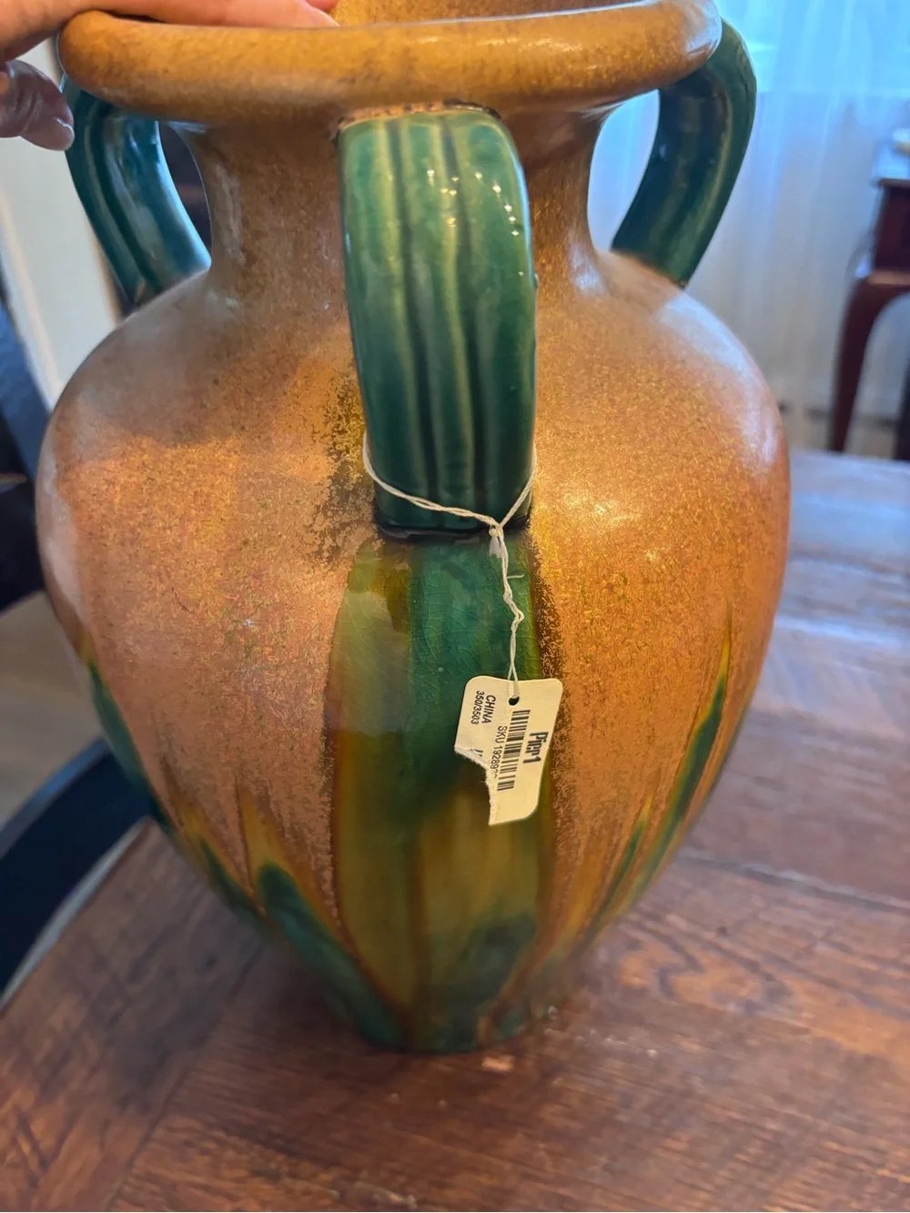 Pier 1 Handcrafted Ceramic Urn Vase with Green Drip Accents